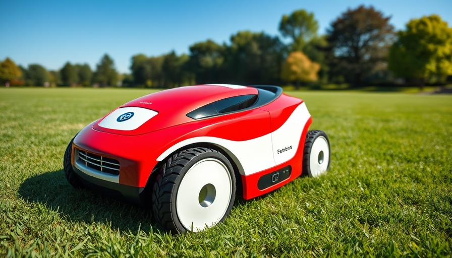 Robotic lawn mower on a green lawn in Jackson Hole, sunny day