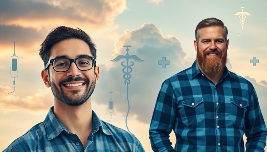 Digital collage showing alternative health care symbols and two men.