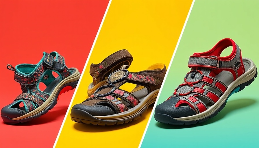 Three stylish hiking sandals in a colorful collage, highlighting options for seniors.
