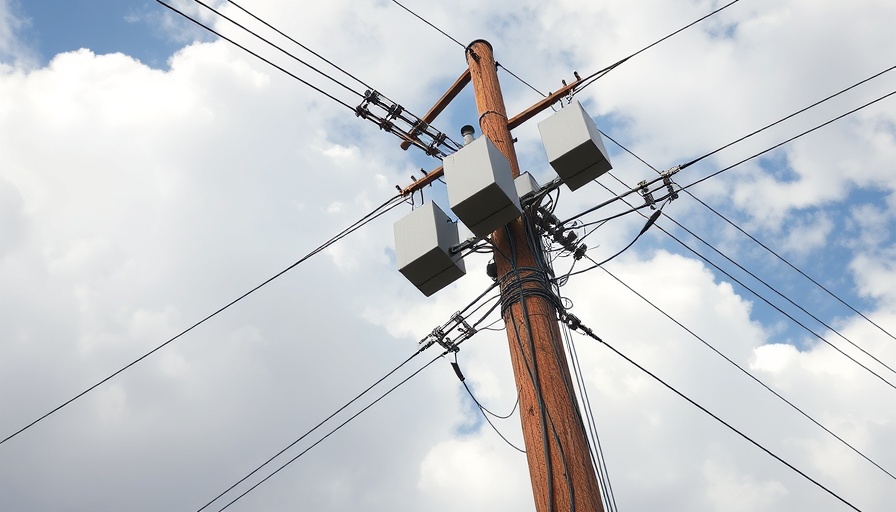 Utility pole and transformers highlighting tree maintenance safety.