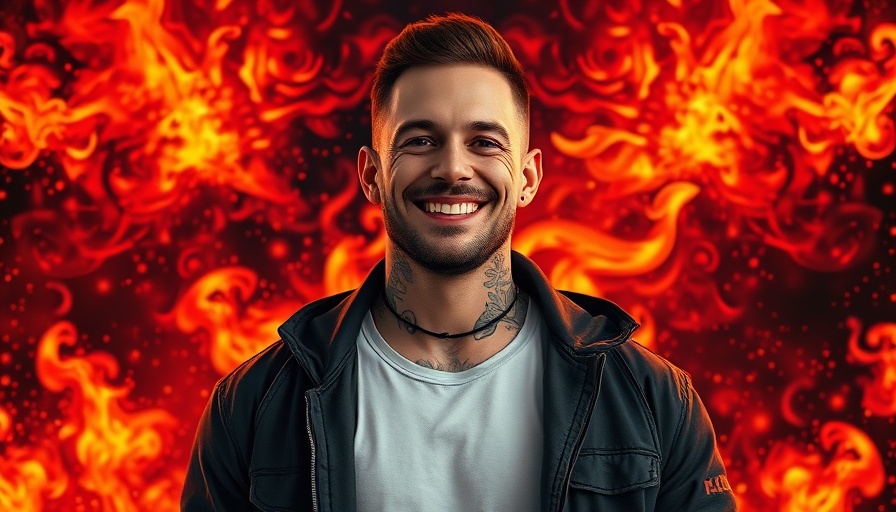 Smiling man with tattoos in front of fiery background, Jelly Roll weight loss under 300 pounds.