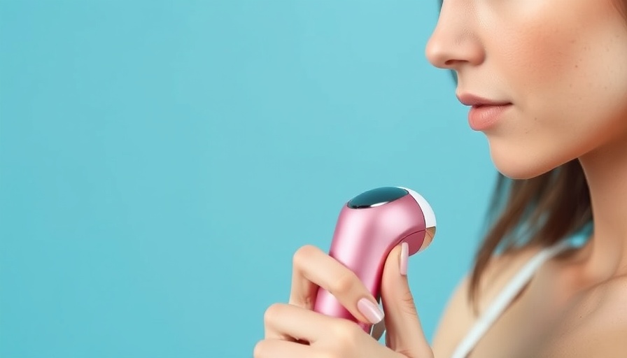 Young woman using at-home laser hair removal device on arm against blue background.