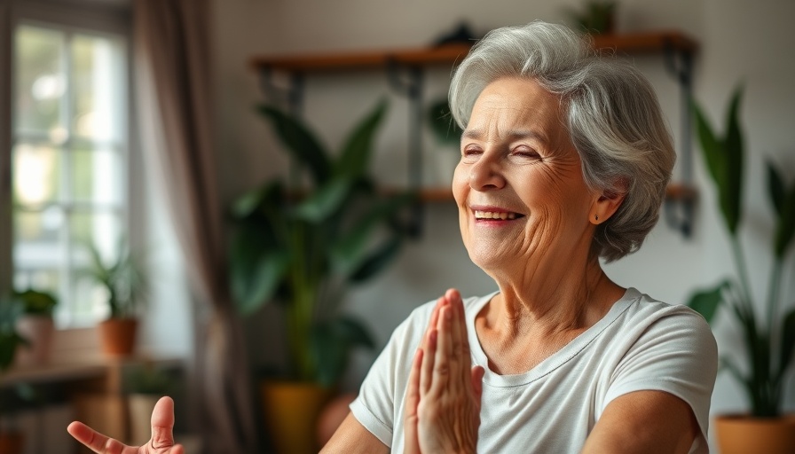 Senior woman practicing yoga at home for healthy living advice in Muskegon.