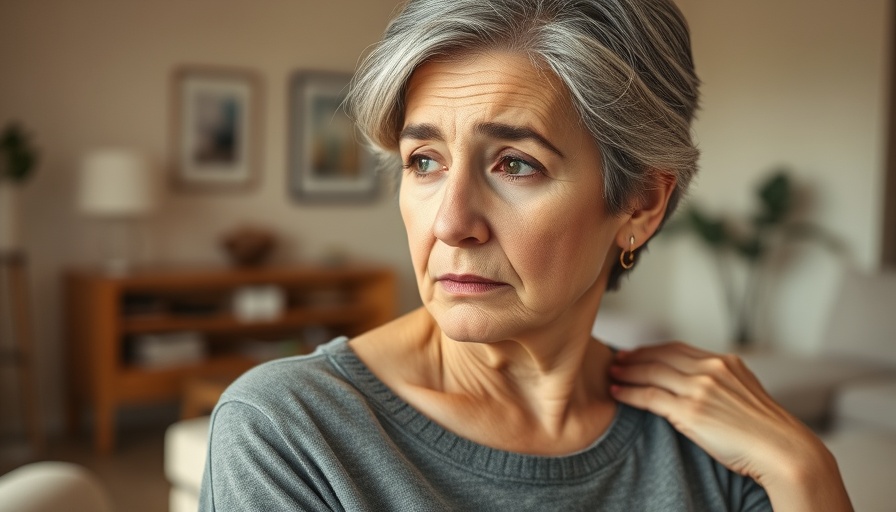 Middle-aged woman holding shoulder in a warm lit living room, highlighting frozen shoulder menopause connection.