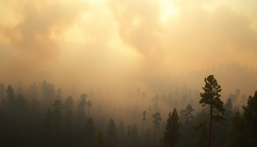 Wildfire smoke over forest illustrating heart health risks.