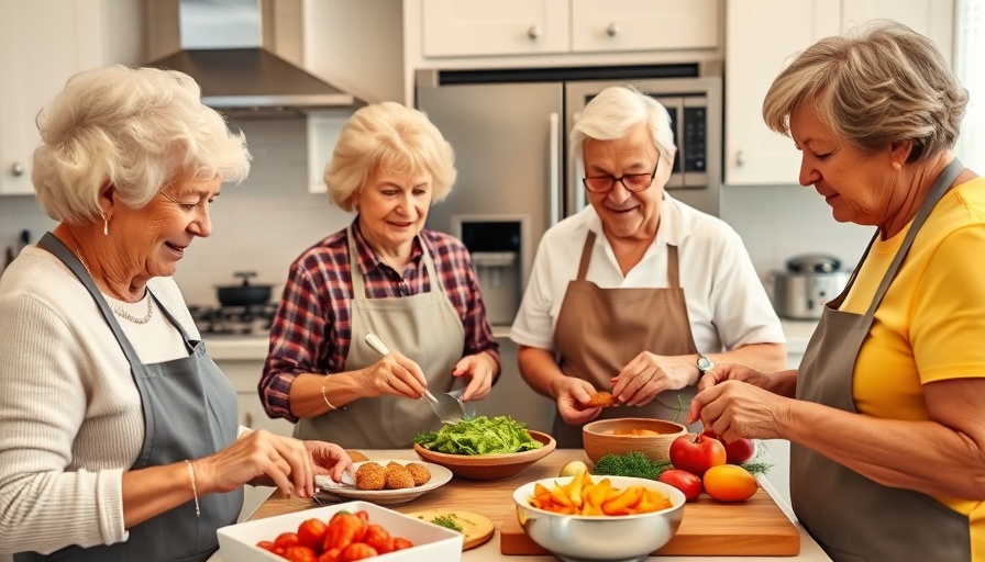 Cooking class for diabetic seniors in a modern kitchen.