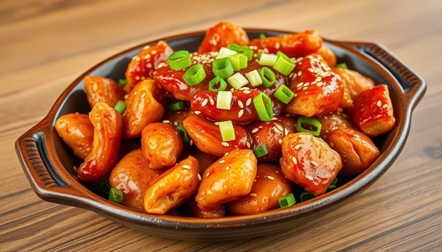 Spicy Korean chicken dish for diabetes management on a wooden table.