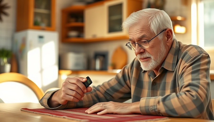 Elderly man engaged in diabetes management for seniors at home.