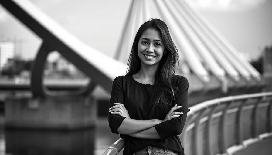 Woman on a bridge smiling in black and white.