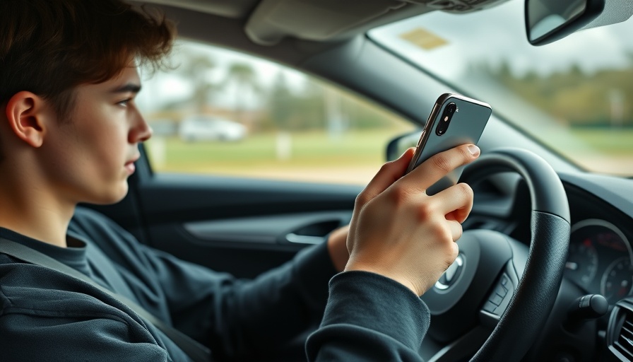 Close-up of teen driver using phone, highlighting distracted driving safety.
