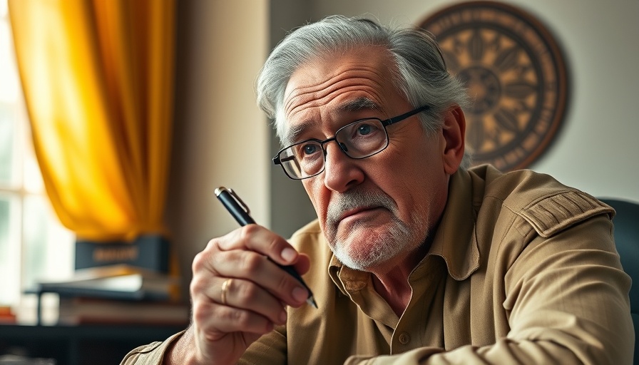 Contemplative older male holding pen at desk, health tech pledge context.