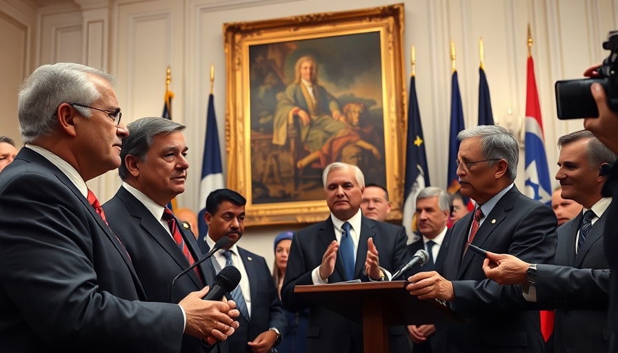 Public figures at an event in front of historical painting.