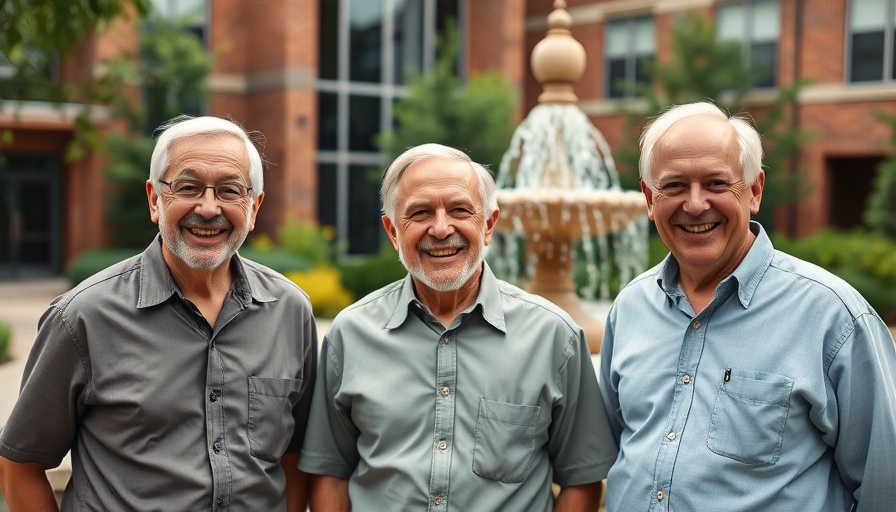 Three men smiling in front of a building for independent living Muskegon.