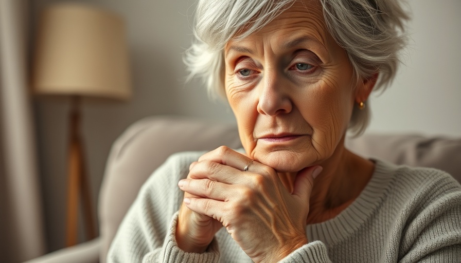 Elderly woman contemplating wedding ring, gray divorce concept.