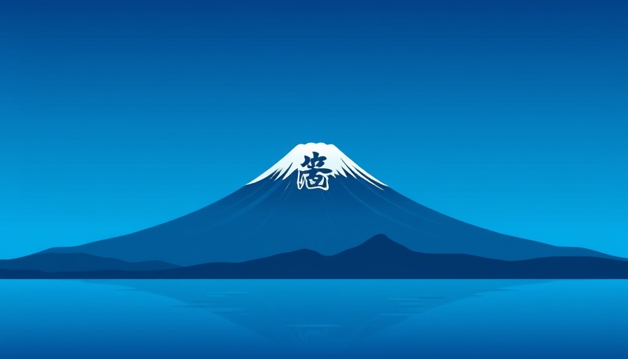 Stylized Mount Fuji with water symbol on blue background, symbolizing timing in martial arts.