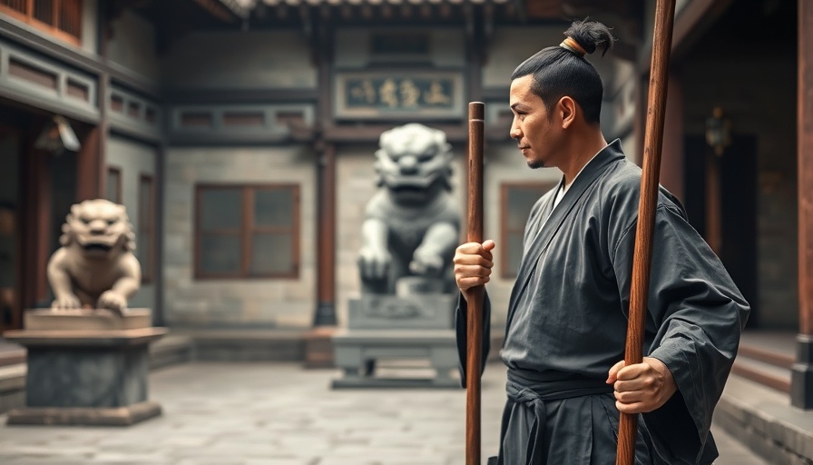 Shaolin staff martial arts scene with master and young student.