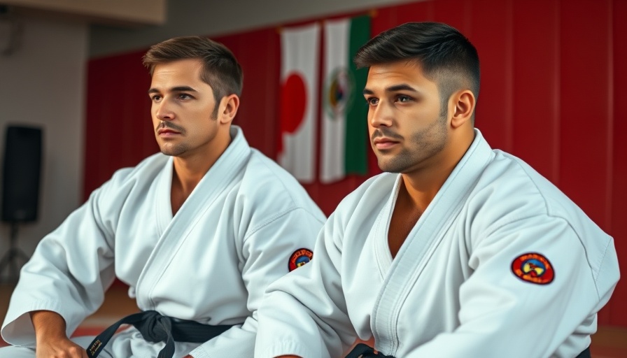 Karate lesson with two men focused, indoor dojo setting