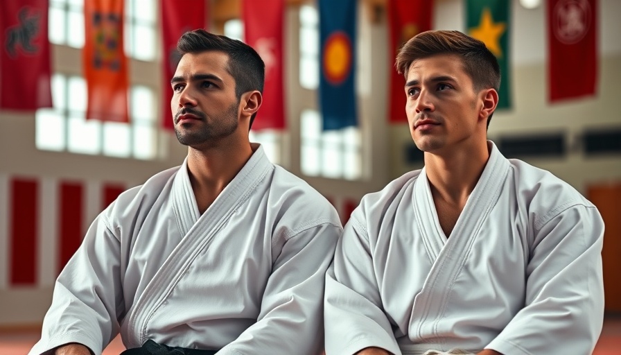 Traditional karate dojo in Gurnee with two men in gis, flags.