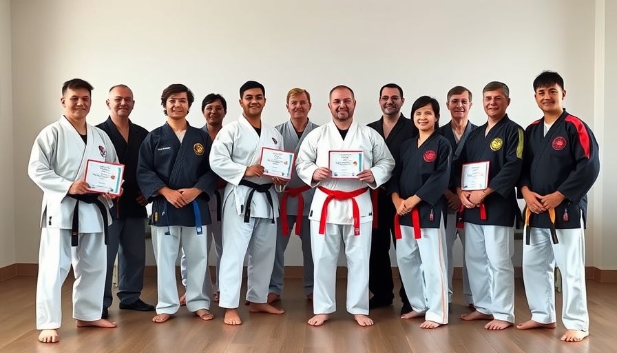 Martial arts class in Gurnee with students and instructors posing proudly with certificates indoors.
