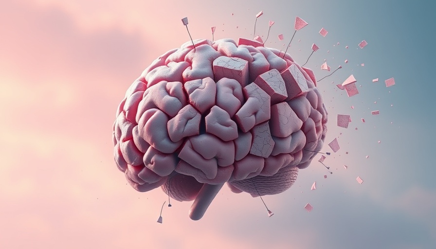 Abstract representation of Alzheimer's with a fragmented brain in soft pink and blue colors.