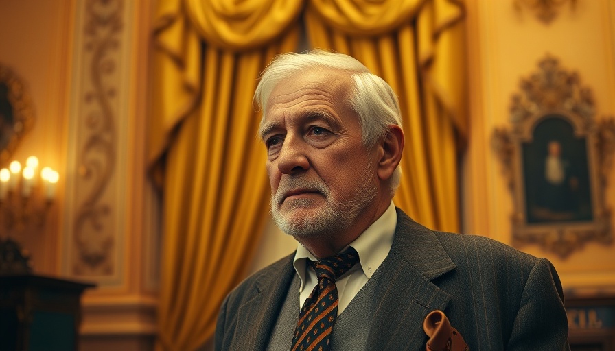 Contemplative elderly man in ornate room, golden background.