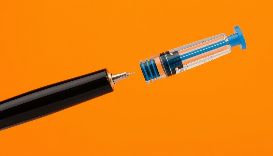 Sleek fountain pen and injector contrast on orange background, Medicare GLP-1 Coverage.