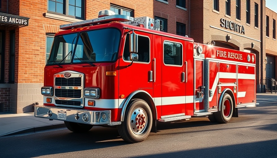 Bright red fire rescue truck parked outside a classic building.