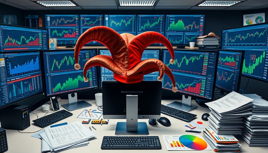 Office charts and jester hat symbolize Hub Group revenue decline impact on retirement.