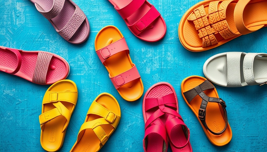 Assortment of colorful recovery sandals for seniors on a blue background.