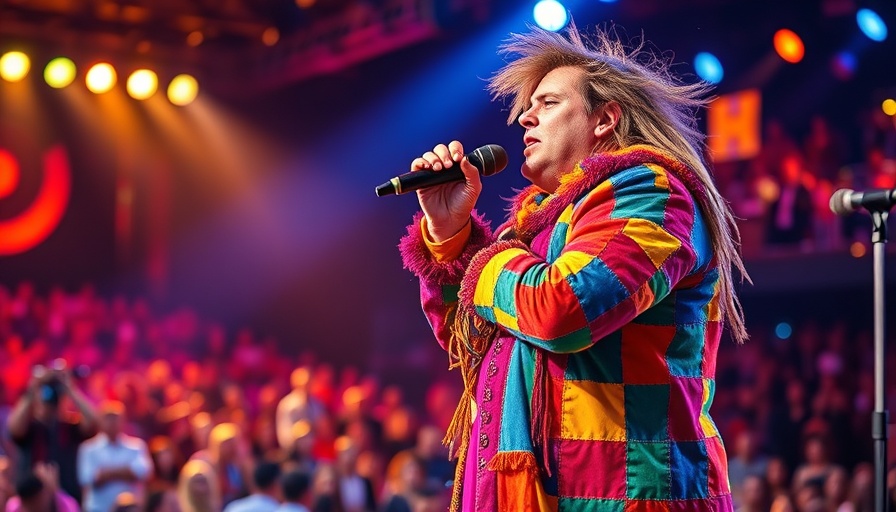 Performer in colorful jacket energetically singing on stage.