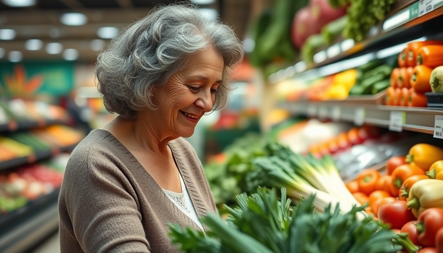 Senior woman shopping for vegetables using senior discounts Muskegon.