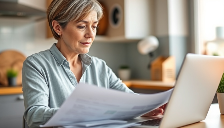 Woman analyzing financial documents for retirement planning in modern kitchen.