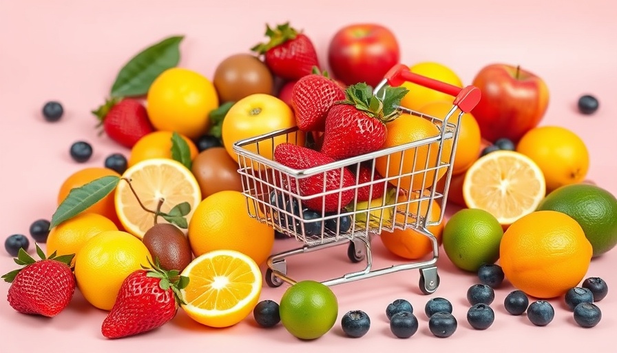 Vibrant fruit assortment with a shopping cart illustrating health benefits.