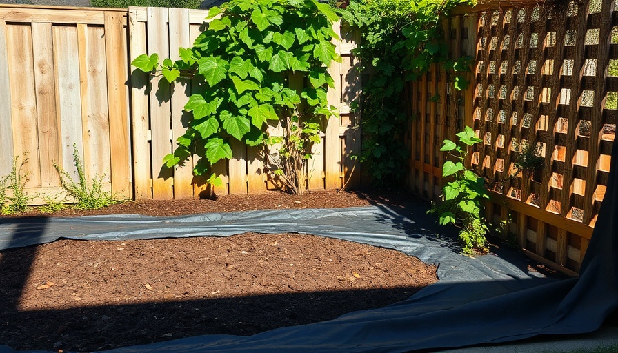 Rustic garden setup with black tarp and lattice fence for lawn care services in Shelby MI