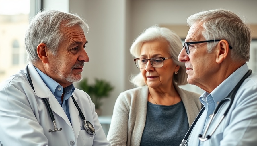 Elderly couple discussing brain health with a doctor, Alzheimer's context.