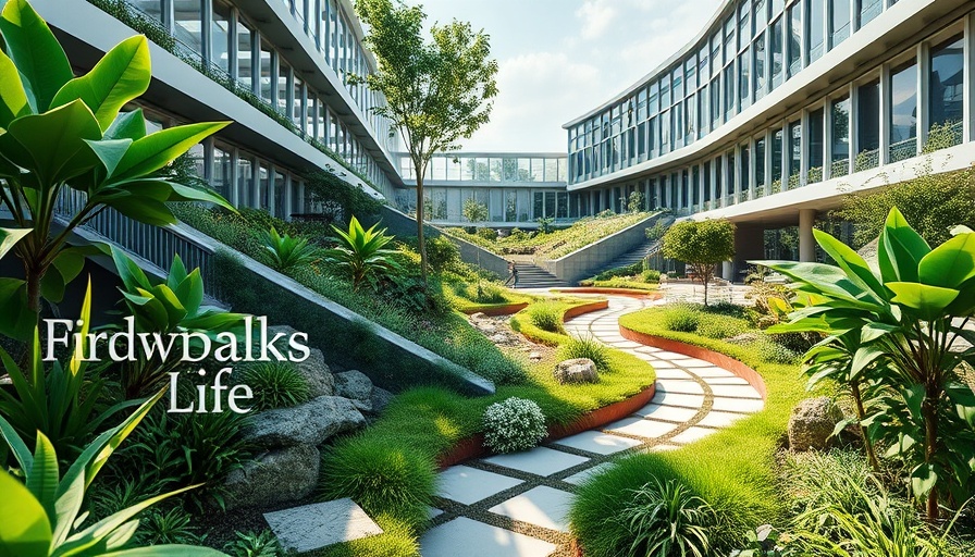 Modern landscape design with vibrant plants and geometric paths.