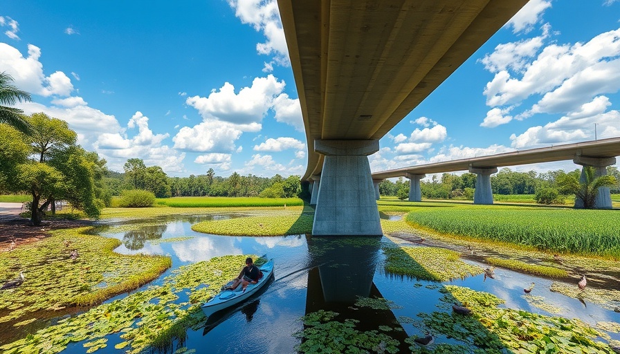 Wetland under bridge with kayakers, highlighting flood insurance gap.