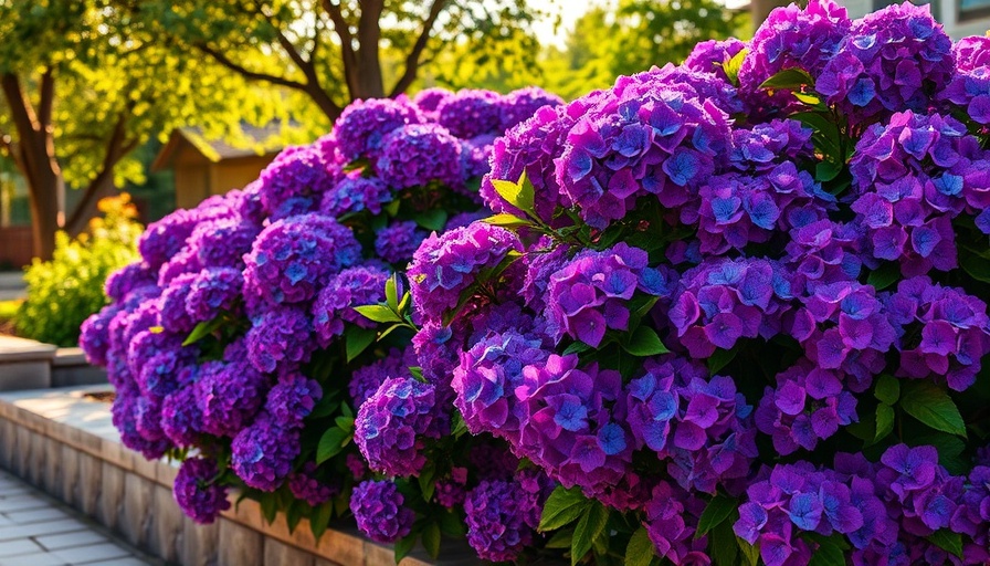 Vibrant hydrangeas blooming in August sunlight.