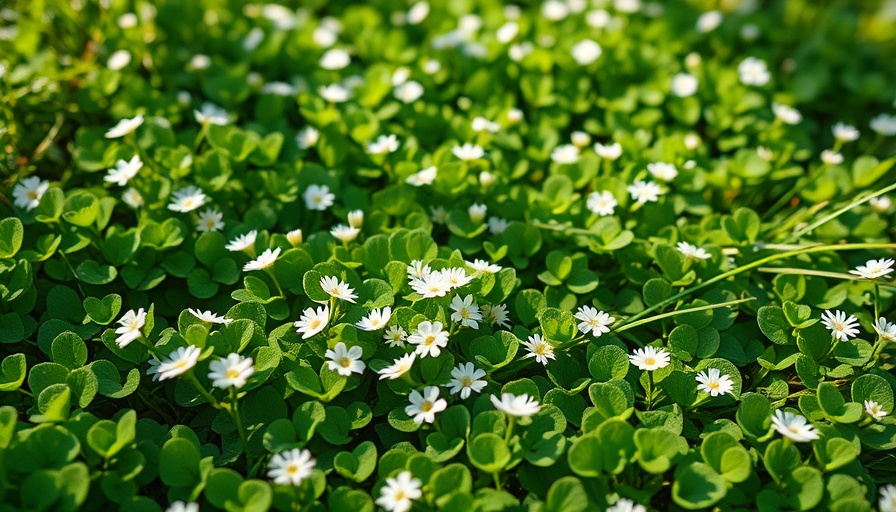 Green clover lawn with white flowers in sunlight, how to plant a clover lawn.