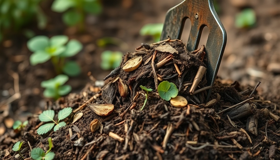 Rich organic compost lifted with a pitchfork in a garden setting.
