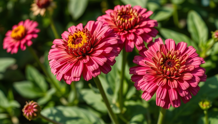Wilted Zinnia flowers forming seeds in August, vibrant green leaves.