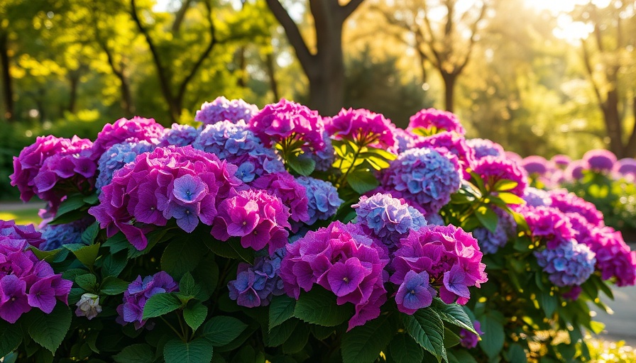 Vibrant hydrangea shrubs blooming in August garden.