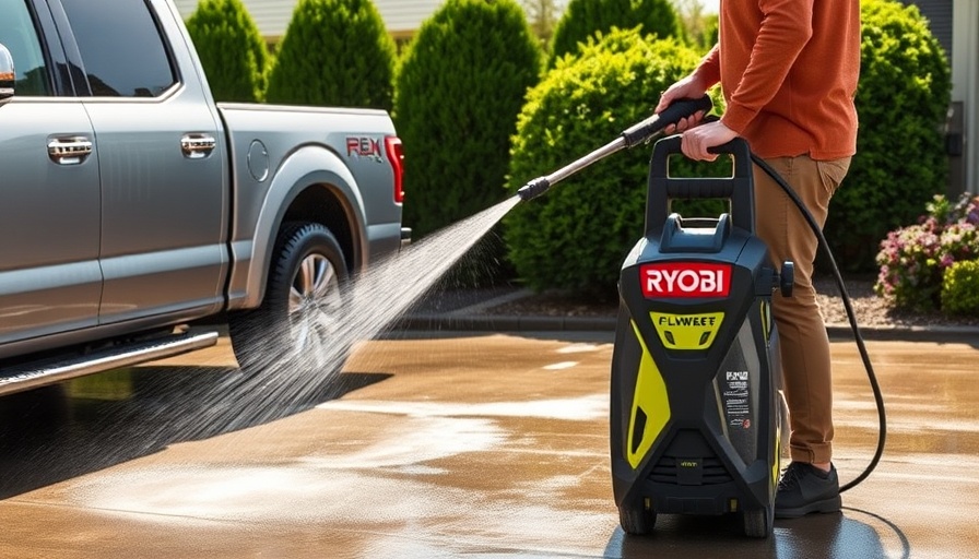 Ryobi High Flow Pressure Washer cleaning a muddy truck on driveway.