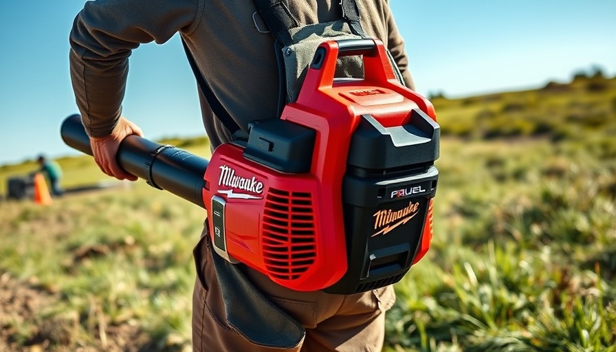 Worker using Milwaukee MX Fuel Backpack Blower in a sunny landscape.