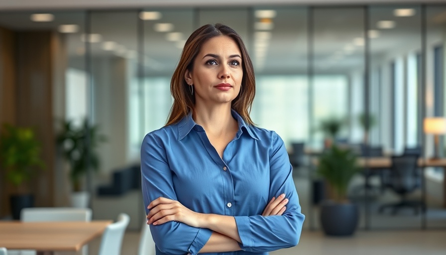 Thoughtful woman in blue blouse, modern office setting.