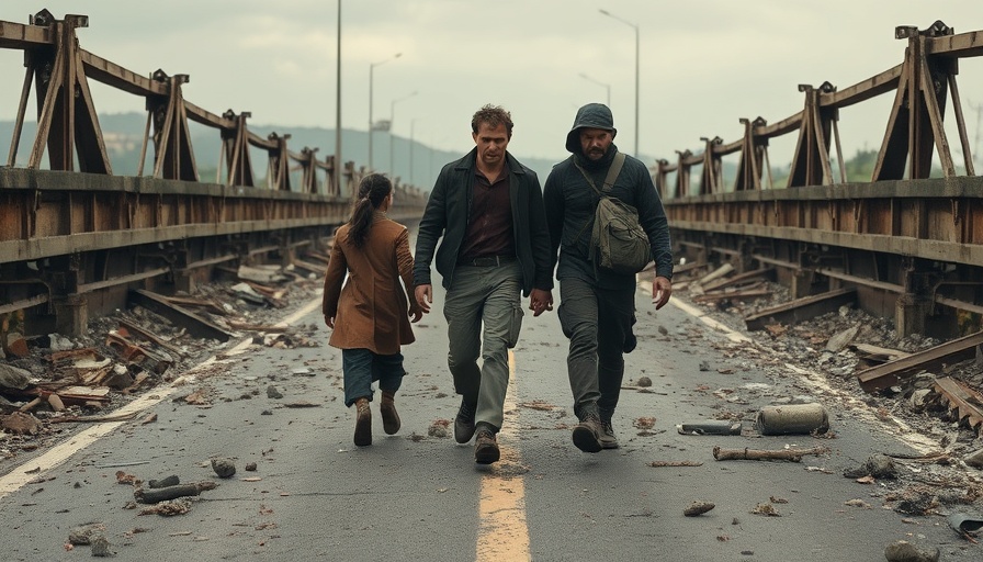 Individuals walking on a damaged road, symbolizing resilience in crises.