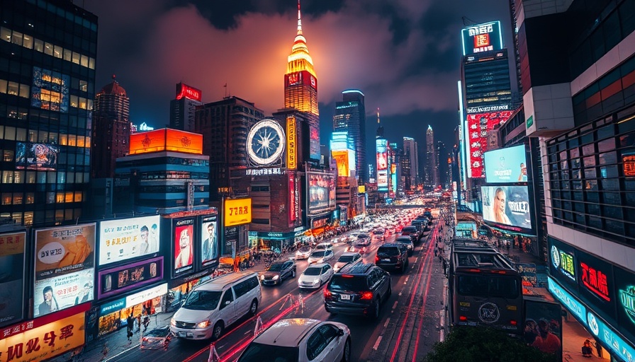 Illuminated cityscape showcasing vibrant neon lights at night.
