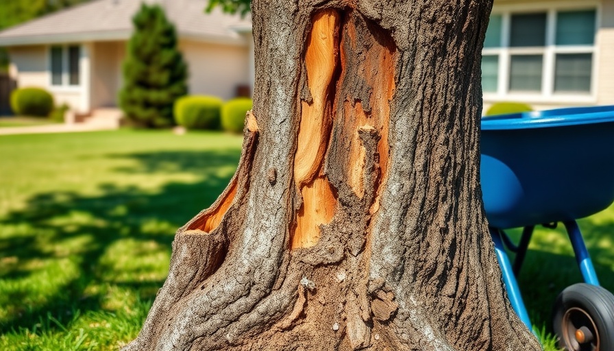 Damaged tree with wheelbarrow illustrating mulch volcano tree care issue.