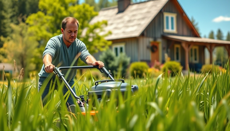 Lawn care Shelby MI: Man mowing lawn in front of an old house on a sunny day.