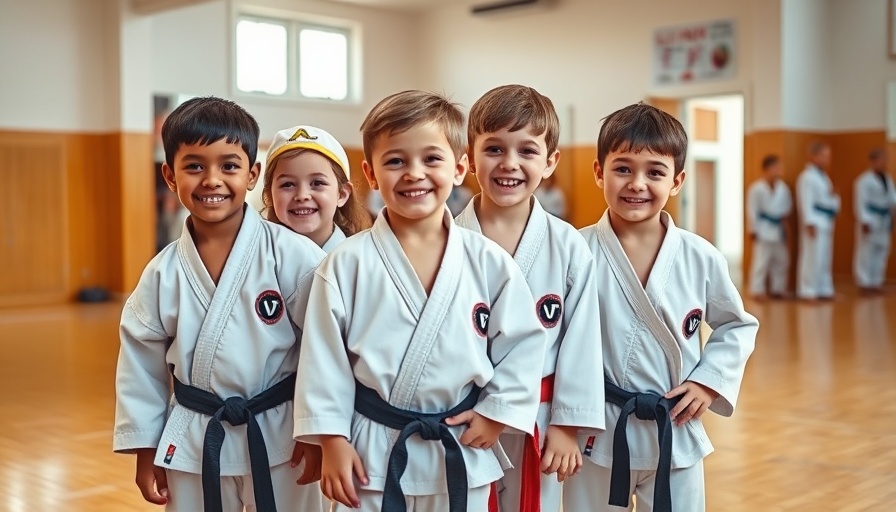 Joyful children in martial arts uniforms, building social confidence in a gym.